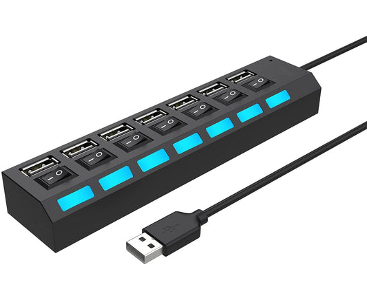 Multi Port USB Splitter, 7 in 1 USB 2.0 Hub with High Speed Individual On/Off Switches with Leds USB Hubs (7 Port USB A)