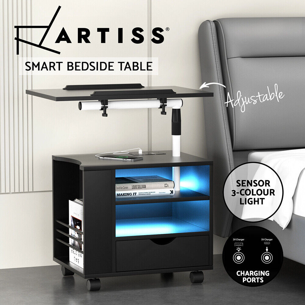 Artiss Bedside Tables Drawers Side Table RGB LED USB Charging Ports Black TALA